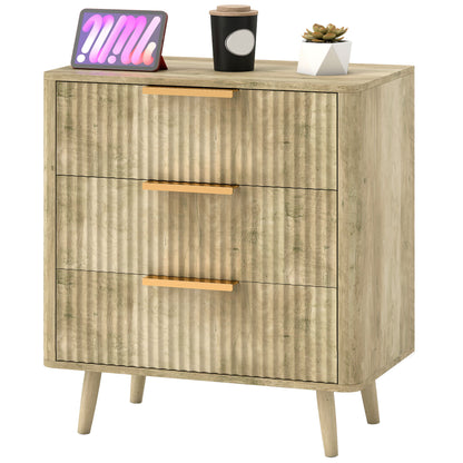 3-Drawer Dresser Scandinavian Style Storage Unit with Pine Handles and Legs, Fluted Wood Effect, Bedroom Dresser, Living Room, Hallway - 68.3 x 40 x 76 cm, Oak