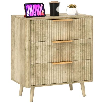 3-Drawer Dresser Scandinavian Style Storage Unit with Pine Handles and Legs, Fluted Wood Effect, Bedroom Dresser, Living Room, Hallway - 68.3 x 40 x 76 cm, Oak