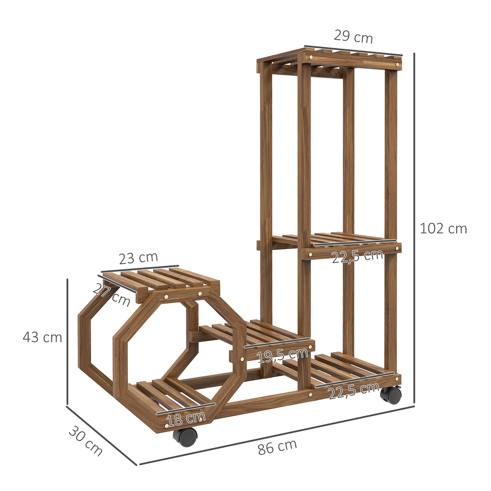 Wood Plant Stand, Flower Rack with Wheels, Plant Stand with 5 Levels, Plant Stand, Plant Rack, Plant Stand for Garden, Balcony, Charred, 86 x 30 x 102 cm