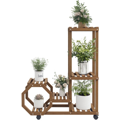Wood Plant Stand, Flower Rack with Wheels, Plant Stand with 5 Levels, Plant Stand, Plant Rack, Plant Stand for Garden, Balcony, Charred, 86 x 30 x 102 cm