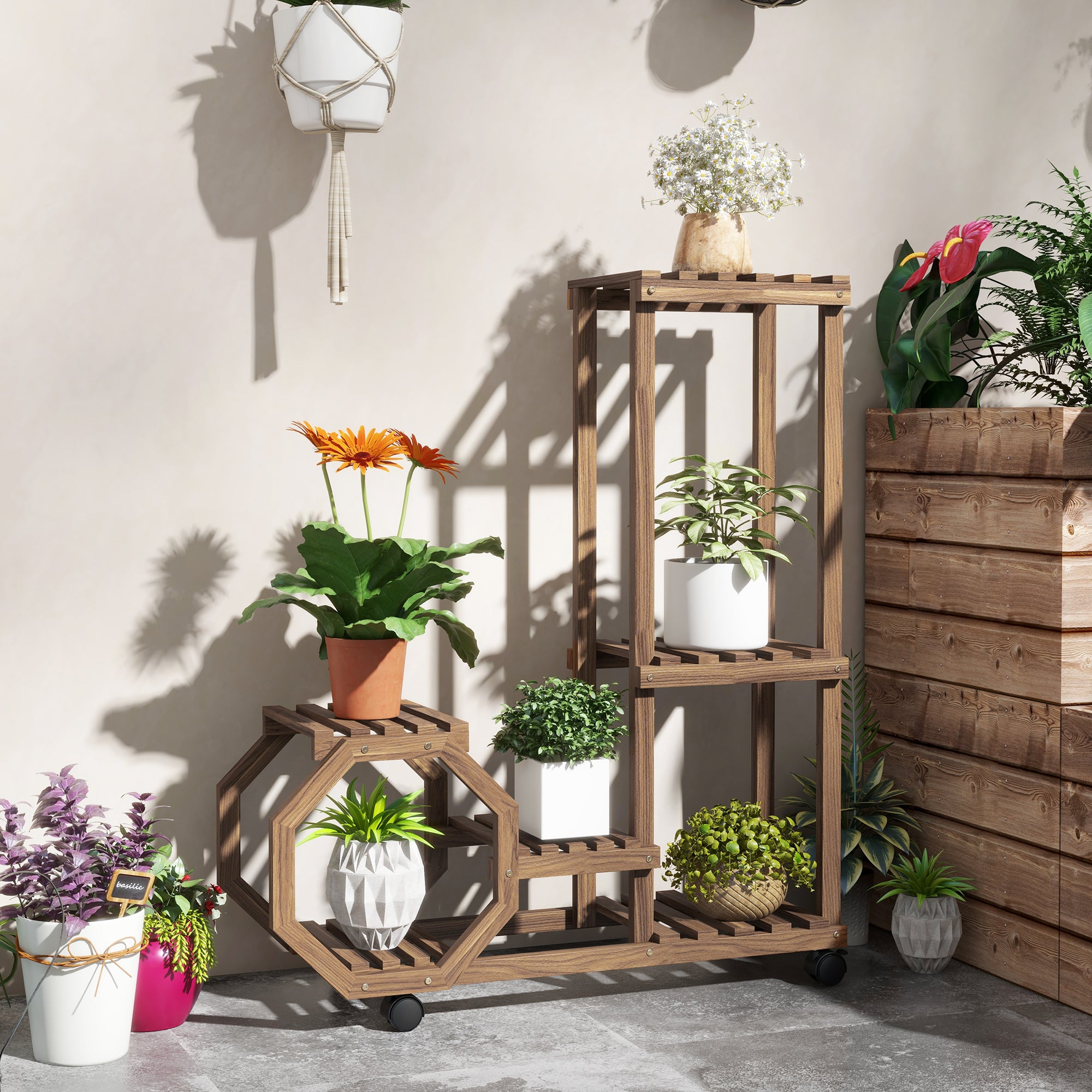Wood Plant Stand, Flower Rack with Wheels, Plant Stand with 5 Levels, Plant Stand, Plant Rack, Plant Stand for Garden, Balcony, Charred, 86 x 30 x 102 cm