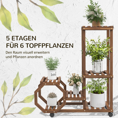 Wood Plant Stand, Flower Rack with Wheels, Plant Stand with 5 Levels, Plant Stand, Plant Rack, Plant Stand for Garden, Balcony, Charred, 86 x 30 x 102 cm