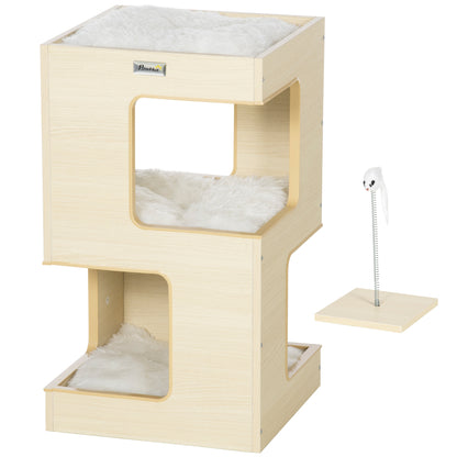 Cat Cave, 3-Tier Cat Cabinet with Cushion, Cat Hut, Cat House with Fake Mouse Toy, Cat Furniture, Indoor, Oak, 34 x 34 x 60 cm