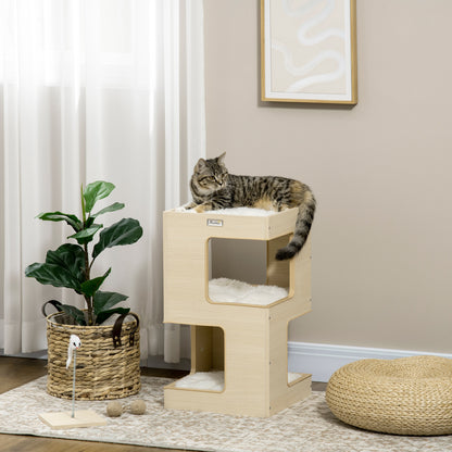 Cat Cave, 3-Tier Cat Cabinet with Cushion, Cat Hut, Cat House with Fake Mouse Toy, Cat Furniture, Indoor, Oak, 34 x 34 x 60 cm