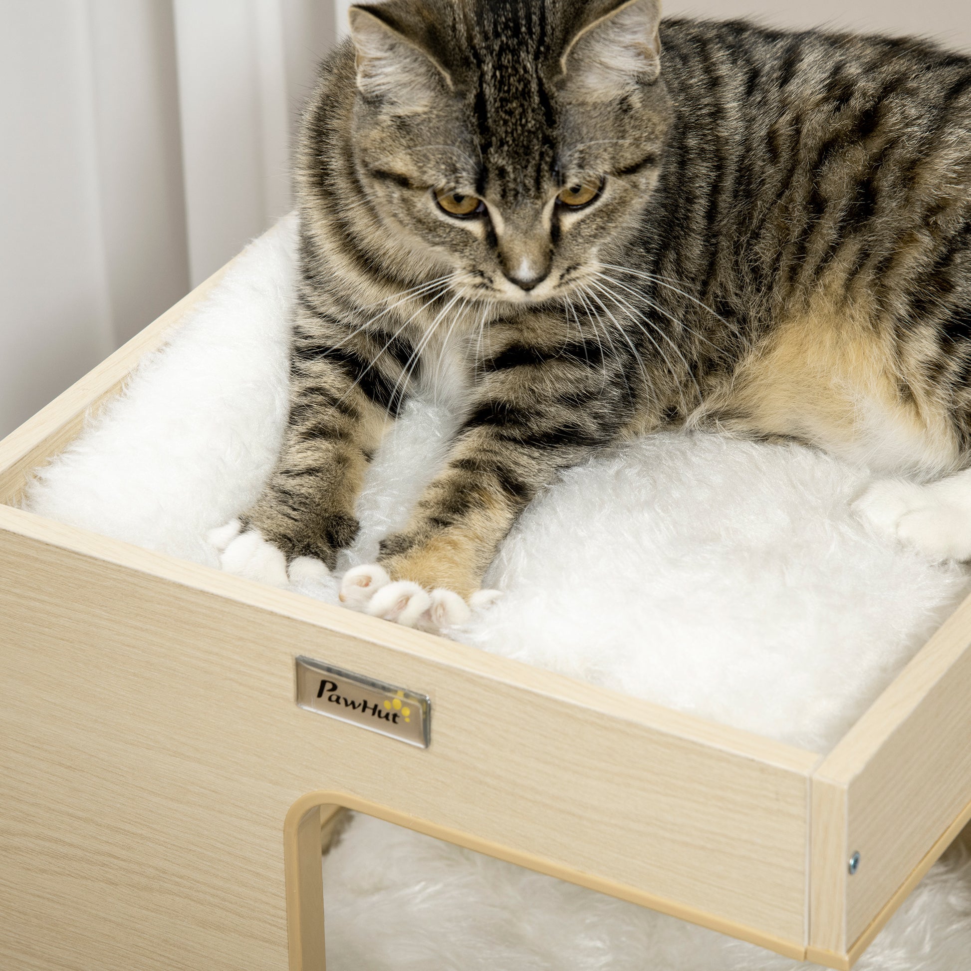 Cat Cave, 3-Tier Cat Cabinet with Cushion, Cat Hut, Cat House with Fake Mouse Toy, Cat Furniture, Indoor, Oak, 34 x 34 x 60 cm