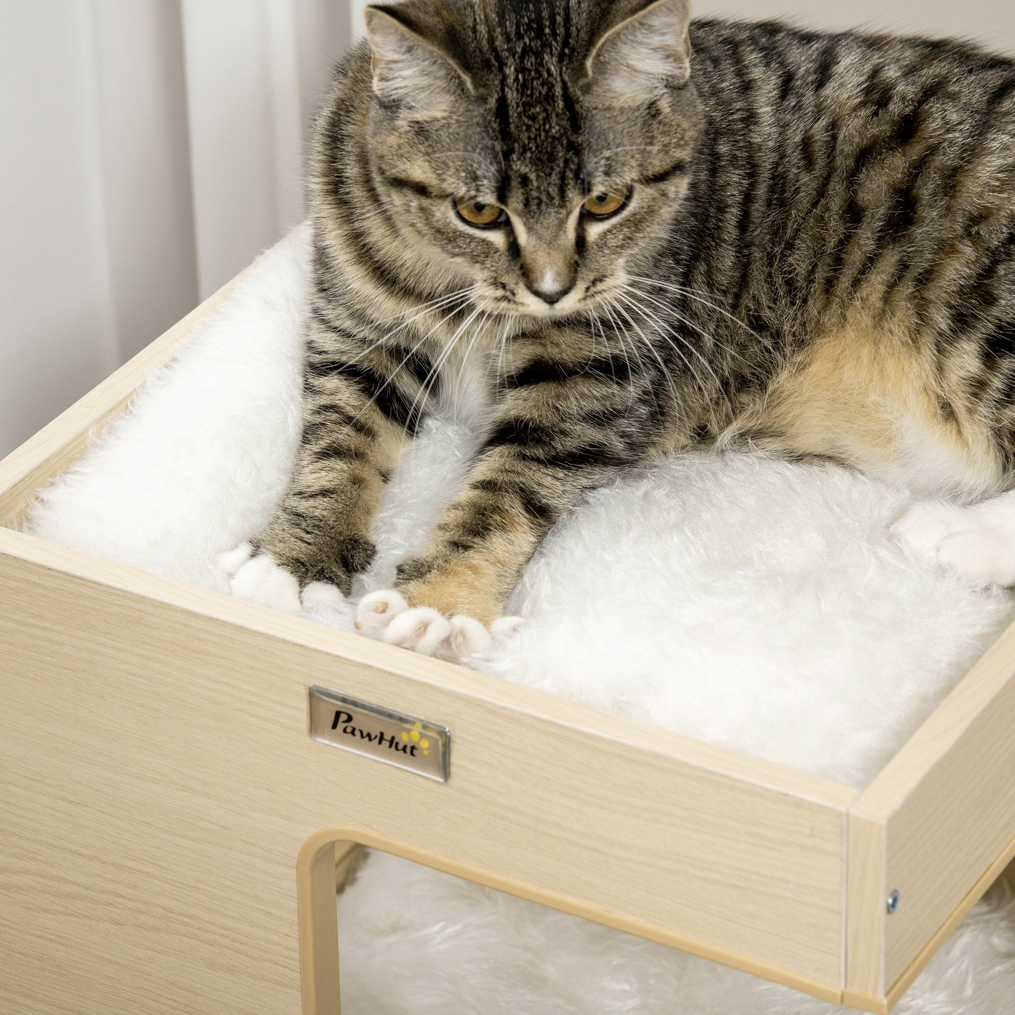 Cat Cave, 3-Tier Cat Cabinet with Cushion, Cat Hut, Cat House with Fake Mouse Toy, Cat Furniture, Indoor, Oak, 34 x 34 x 60 cm