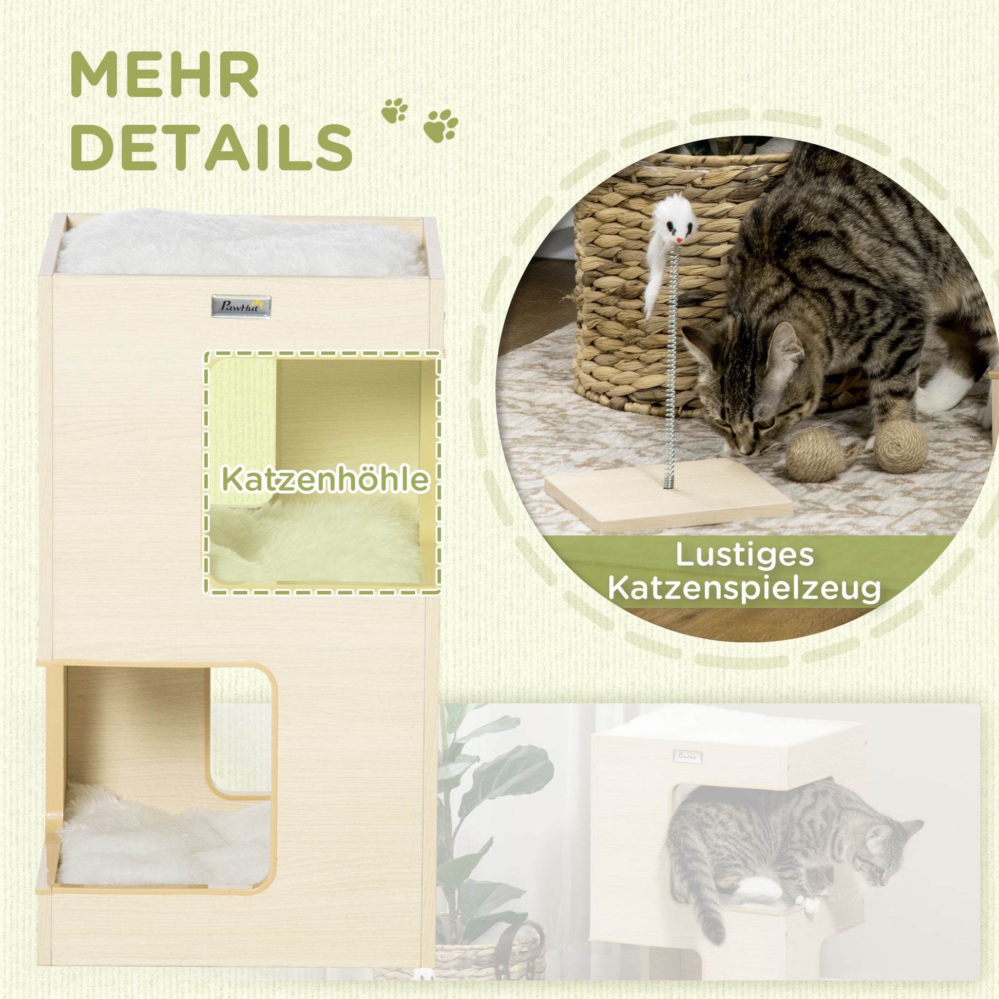 Cat Cave, 3-Tier Cat Cabinet with Cushion, Cat Hut, Cat House with Fake Mouse Toy, Cat Furniture, Indoor, Oak, 34 x 34 x 60 cm