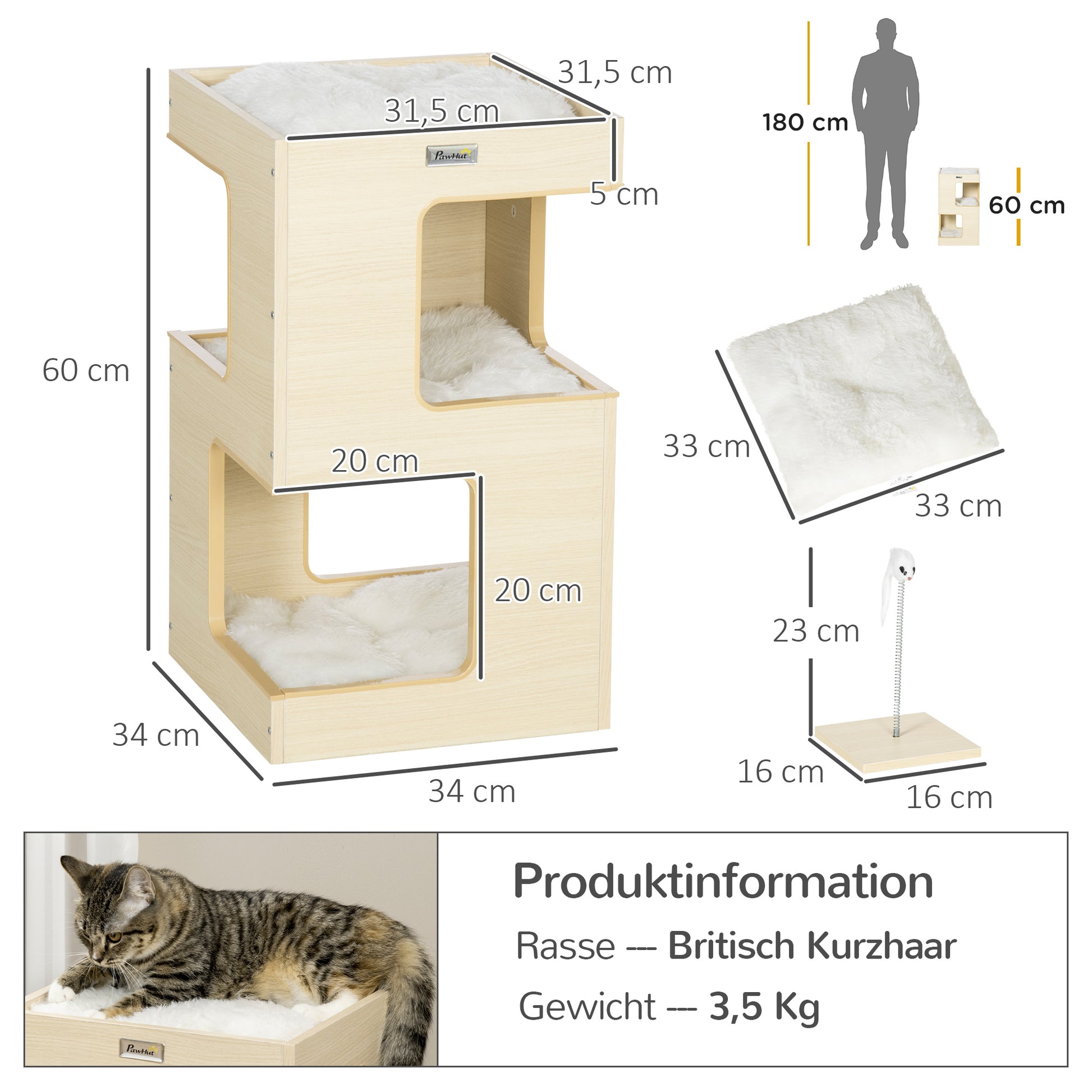 Cat Cave, 3-Tier Cat Cabinet with Cushion, Cat Hut, Cat House with Fake Mouse Toy, Cat Furniture, Indoor, Oak, 34 x 34 x 60 cm