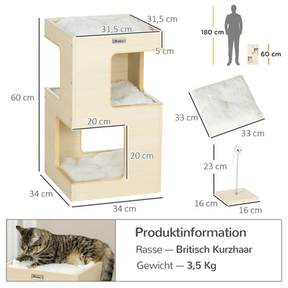 Cat Cave, 3-Tier Cat Cabinet with Cushion, Cat Hut, Cat House with Fake Mouse Toy, Cat Furniture, Indoor, Oak, 34 x 34 x 60 cm