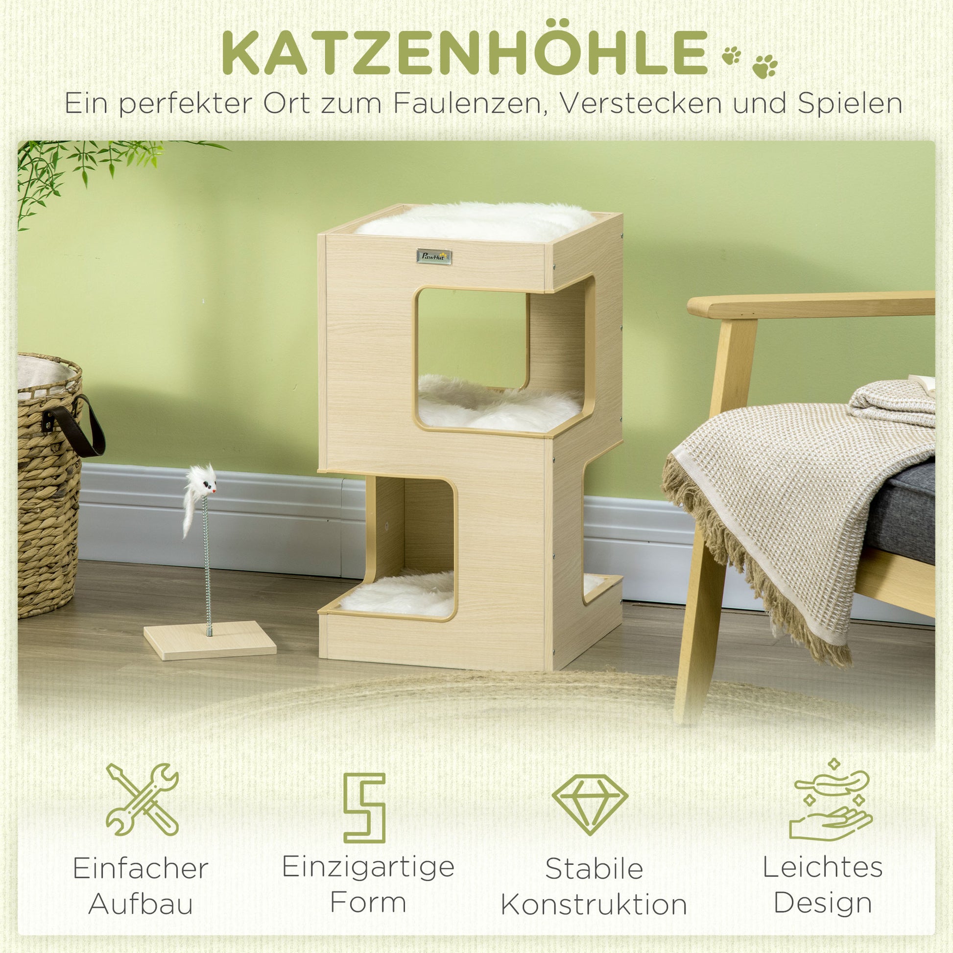 Cat Cave, 3-Tier Cat Cabinet with Cushion, Cat Hut, Cat House with Fake Mouse Toy, Cat Furniture, Indoor, Oak, 34 x 34 x 60 cm