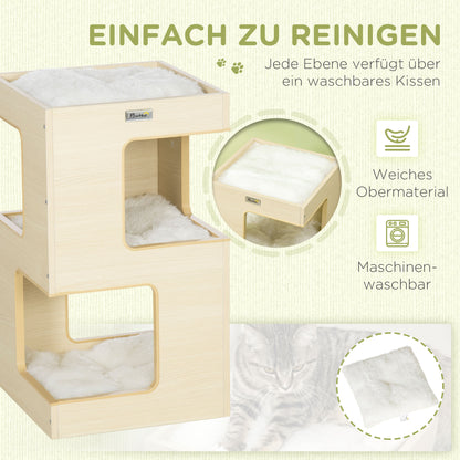Cat Cave, 3-Tier Cat Cabinet with Cushion, Cat Hut, Cat House with Fake Mouse Toy, Cat Furniture, Indoor, Oak, 34 x 34 x 60 cm