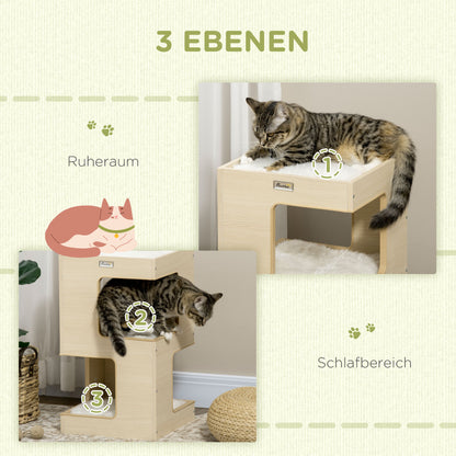 Cat Cave, 3-Tier Cat Cabinet with Cushion, Cat Hut, Cat House with Fake Mouse Toy, Cat Furniture, Indoor, Oak, 34 x 34 x 60 cm