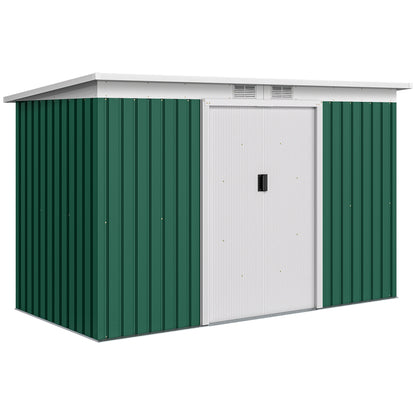 Metal Tool Shed 6.3m³ 280x130x172cm Equipment Shed with Pent Roof Sliding Door Weatherproof Garden Shed Outdoor Garden Storage Cabinet for Backyard Outdoor Area Anthracite, Dark Green