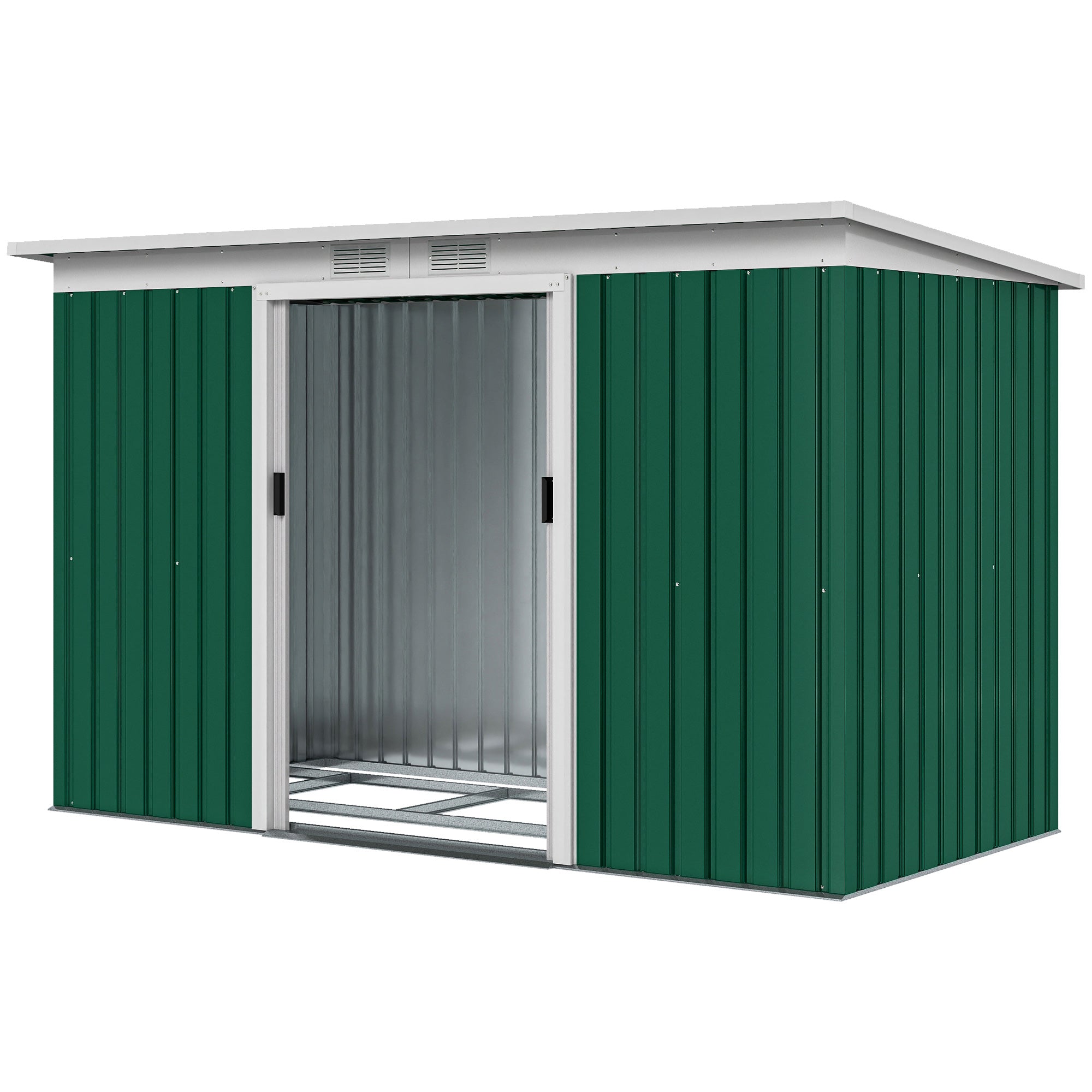 Metal Tool Shed 6.3m³ 280x130x172cm Equipment Shed with Pent Roof Sliding Door Weatherproof Garden Shed Outdoor Garden Storage Cabinet for Backyard Outdoor Area Anthracite, Dark Green