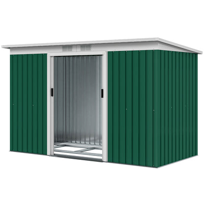 Metal Tool Shed 6.3m³ 280x130x172cm Equipment Shed with Pent Roof Sliding Door Weatherproof Garden Shed Outdoor Garden Storage Cabinet for Backyard Outdoor Area Anthracite, Dark Green