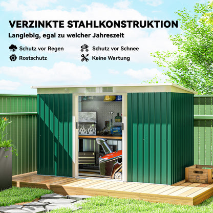 Metal Tool Shed 6.3m³ 280x130x172cm Equipment Shed with Pent Roof Sliding Door Weatherproof Garden Shed Outdoor Garden Storage Cabinet for Backyard Outdoor Area Anthracite, Dark Green