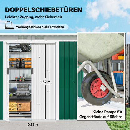 Metal Tool Shed 6.3m³ 280x130x172cm Equipment Shed with Pent Roof Sliding Door Weatherproof Garden Shed Outdoor Garden Storage Cabinet for Backyard Outdoor Area Anthracite, Dark Green