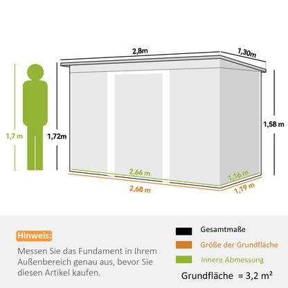 Metal Tool Shed 6.3m³ 280x130x172cm Equipment Shed with Pent Roof Sliding Door Weatherproof Garden Shed Outdoor Garden Storage Cabinet for Backyard Outdoor Area Anthracite, Dark Green