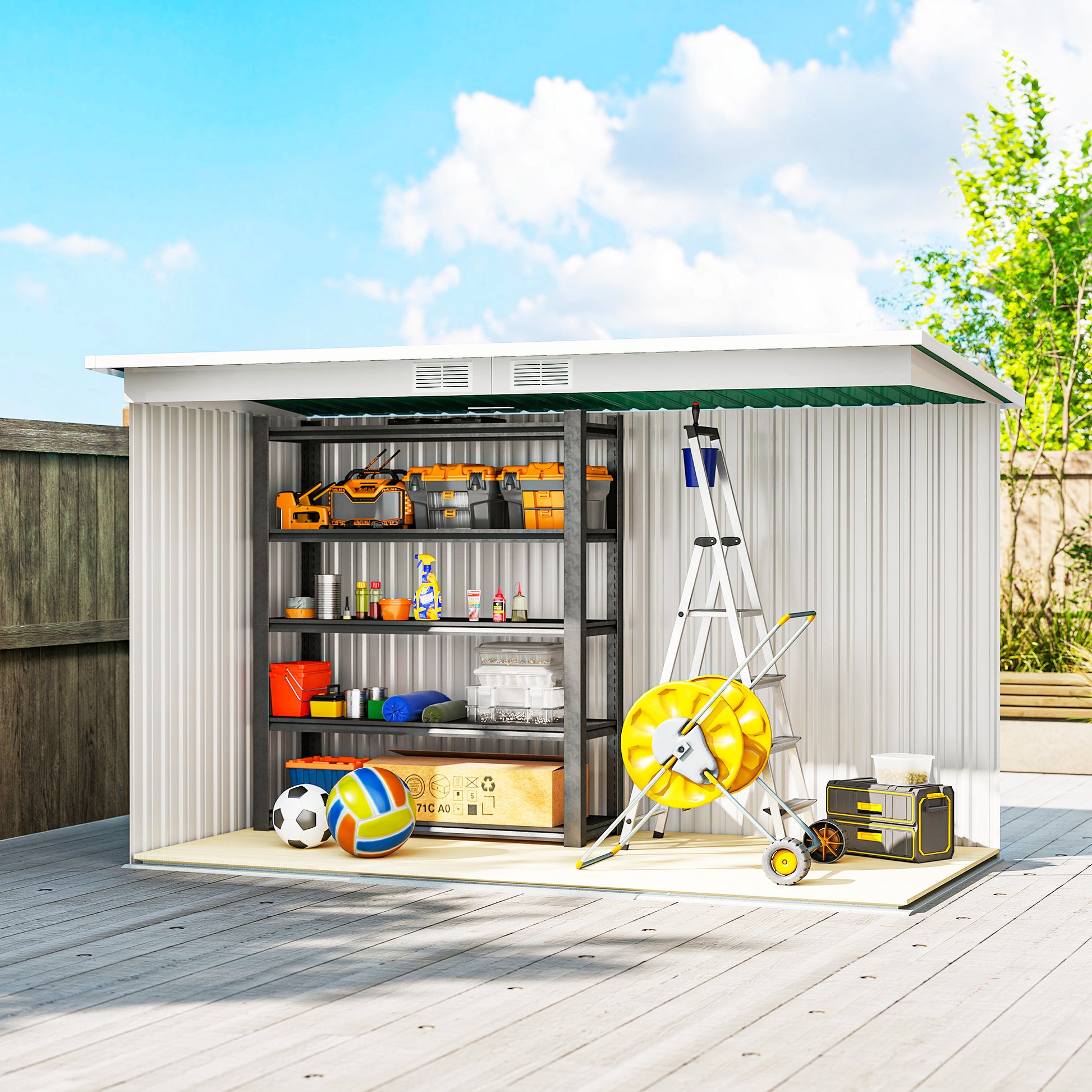 Metal Tool Shed 6.3m³ 280x130x172cm Equipment Shed with Pent Roof Sliding Door Weatherproof Garden Shed Outdoor Garden Storage Cabinet for Backyard Outdoor Area Anthracite, Dark Green