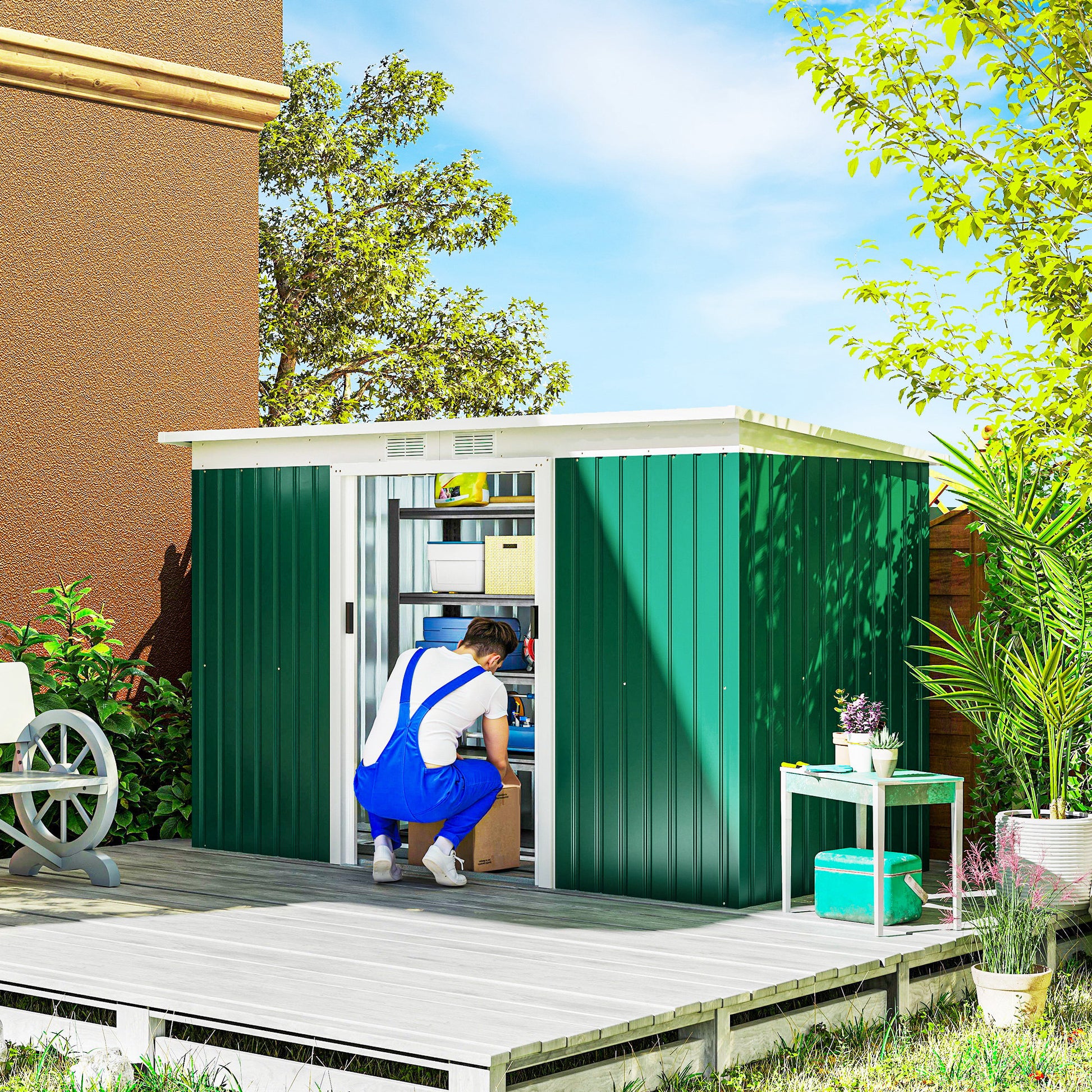 Metal Tool Shed 6.3m³ 280x130x172cm Equipment Shed with Pent Roof Sliding Door Weatherproof Garden Shed Outdoor Garden Storage Cabinet for Backyard Outdoor Area Anthracite, Dark Green
