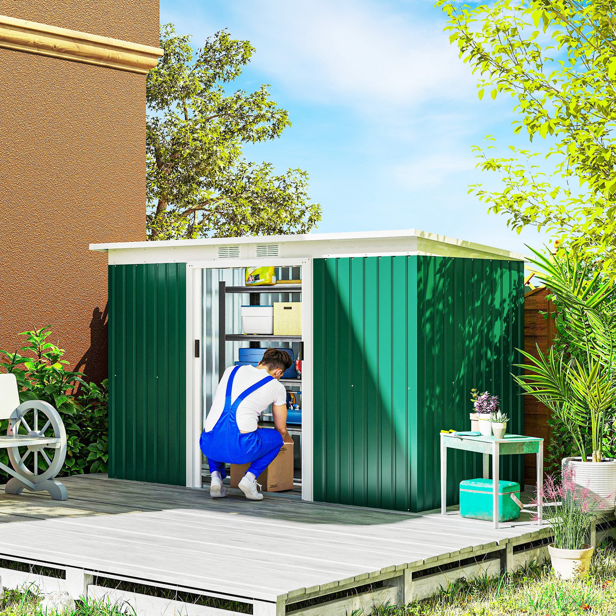 Metal Tool Shed 6.3m³ 280x130x172cm Equipment Shed with Pent Roof Sliding Door Weatherproof Garden Shed Outdoor Garden Storage Cabinet for Backyard Outdoor Area Anthracite, Dark Green