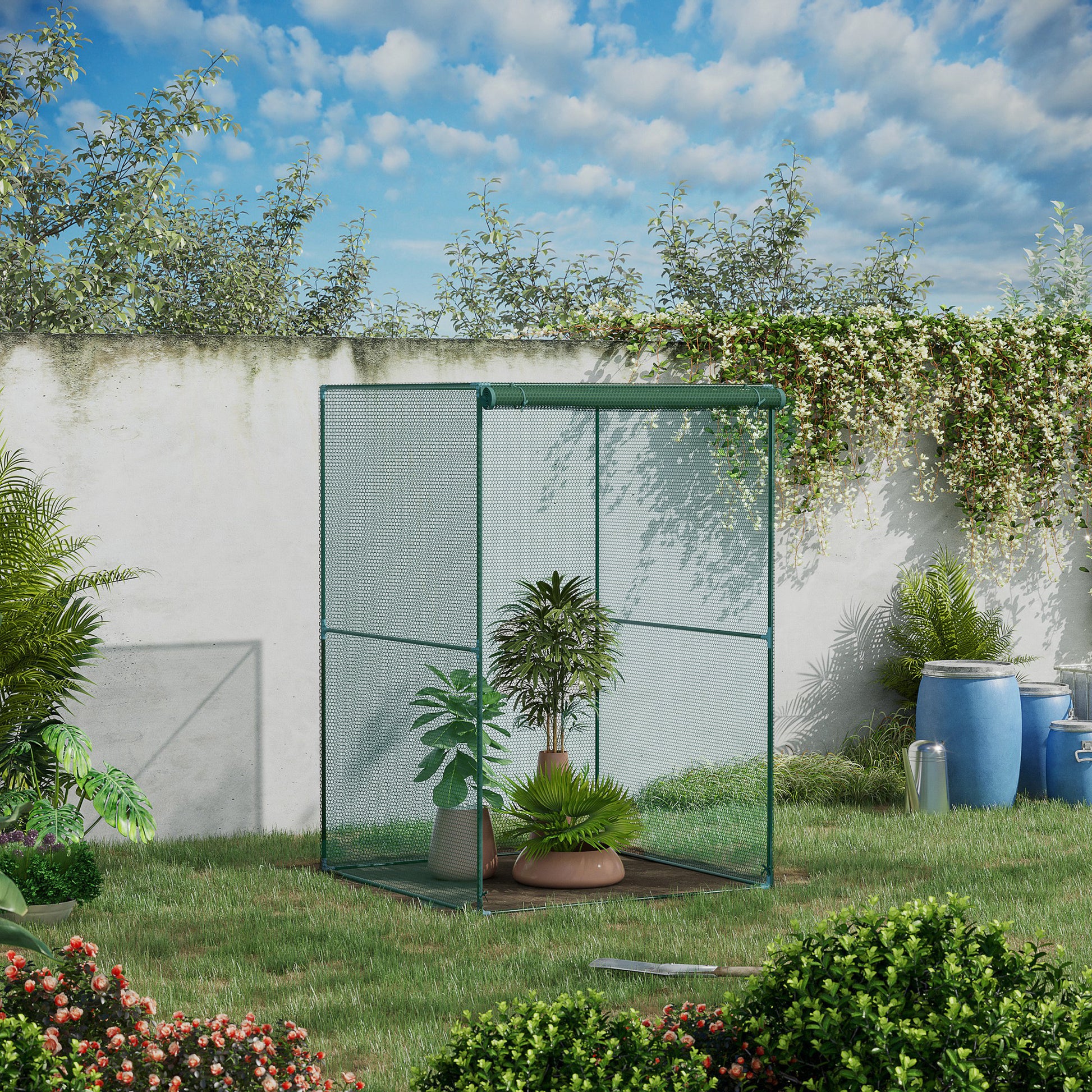 Gardening Cage for Plants and Insects with Roll-Up Door and Steel Frame for Garden, Terrace, Patio 120x120x180 cm Dark Green