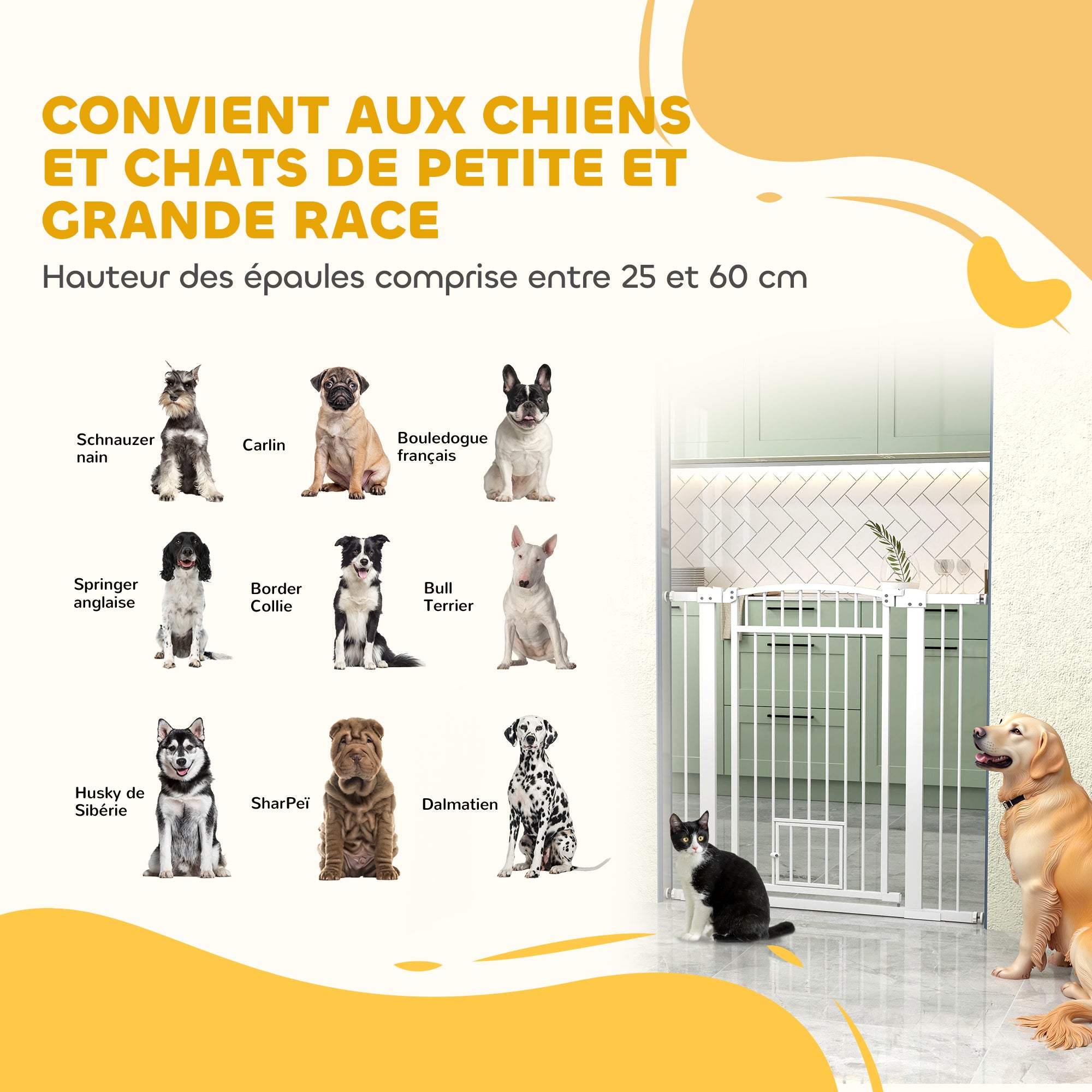 Expandable Dog Safety Barrier 76-104 x 106 cm, stair and door barrier with double locking system, pressure or drilling mounting, dog and cat barrier, white
