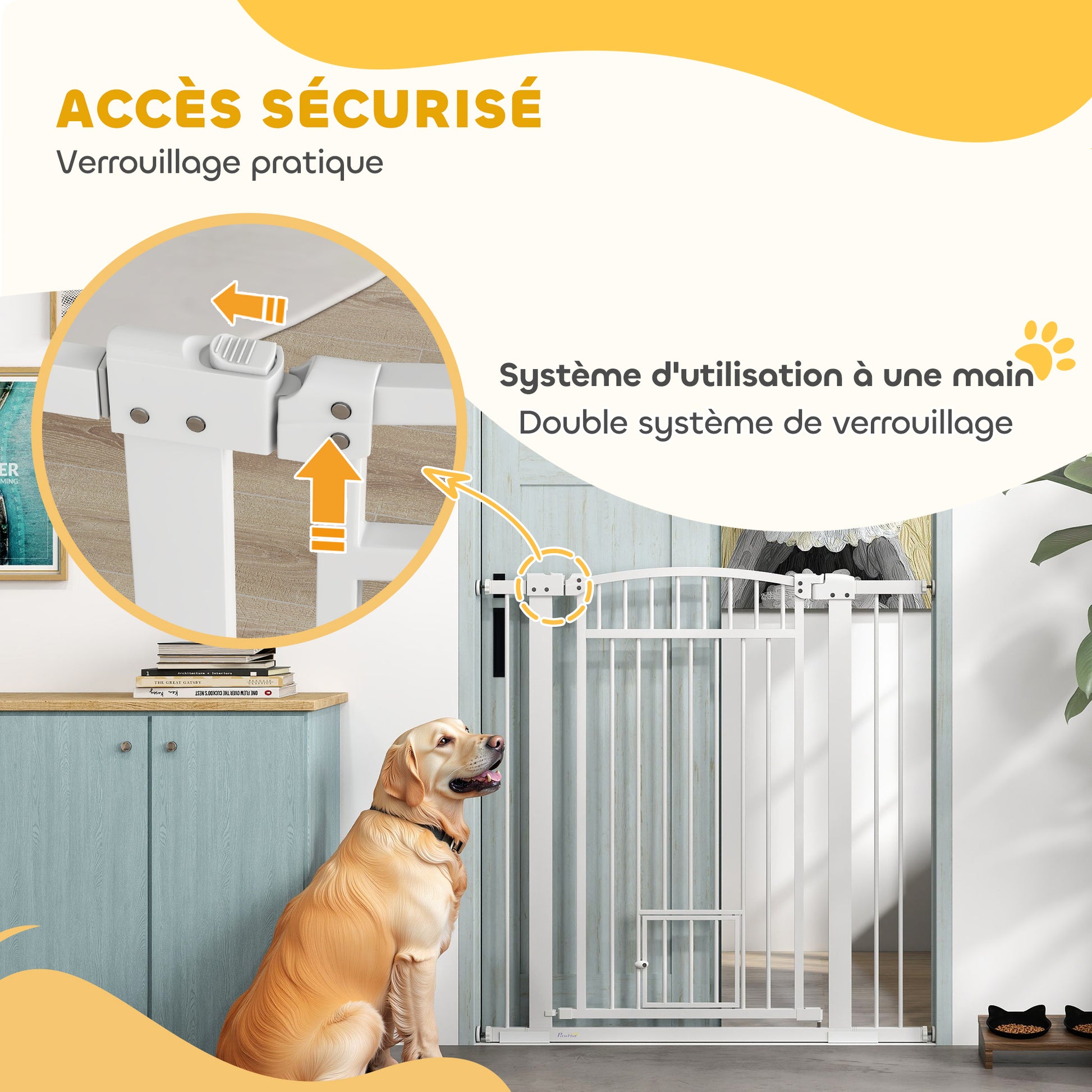 Expandable Dog Safety Barrier 76-104 x 106 cm, stair and door barrier with double locking system, pressure or drilling mounting, dog and cat barrier, white
