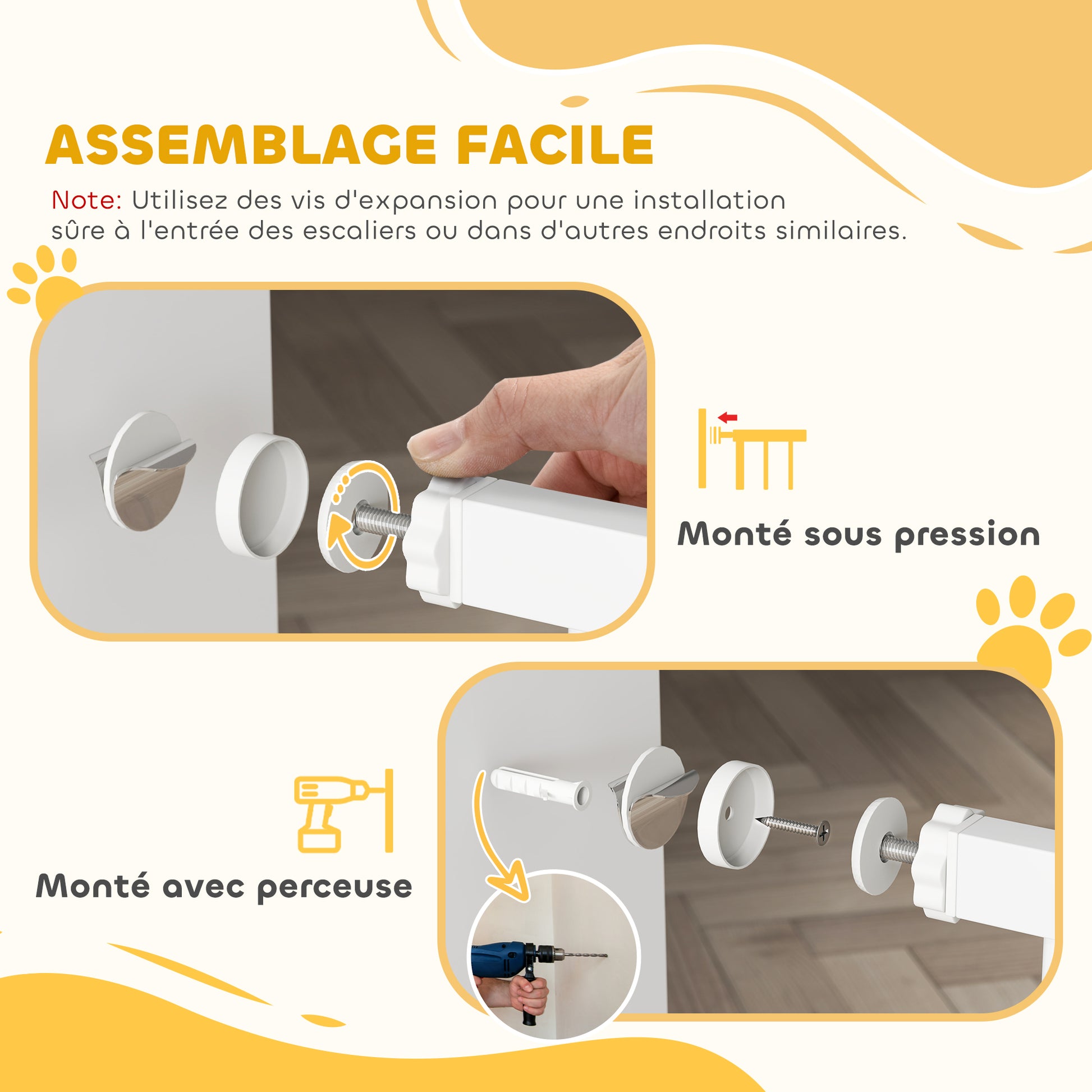 Expandable Dog Safety Barrier 76-104 x 106 cm, stair and door barrier with double locking system, pressure or drilling mounting, dog and cat barrier, white