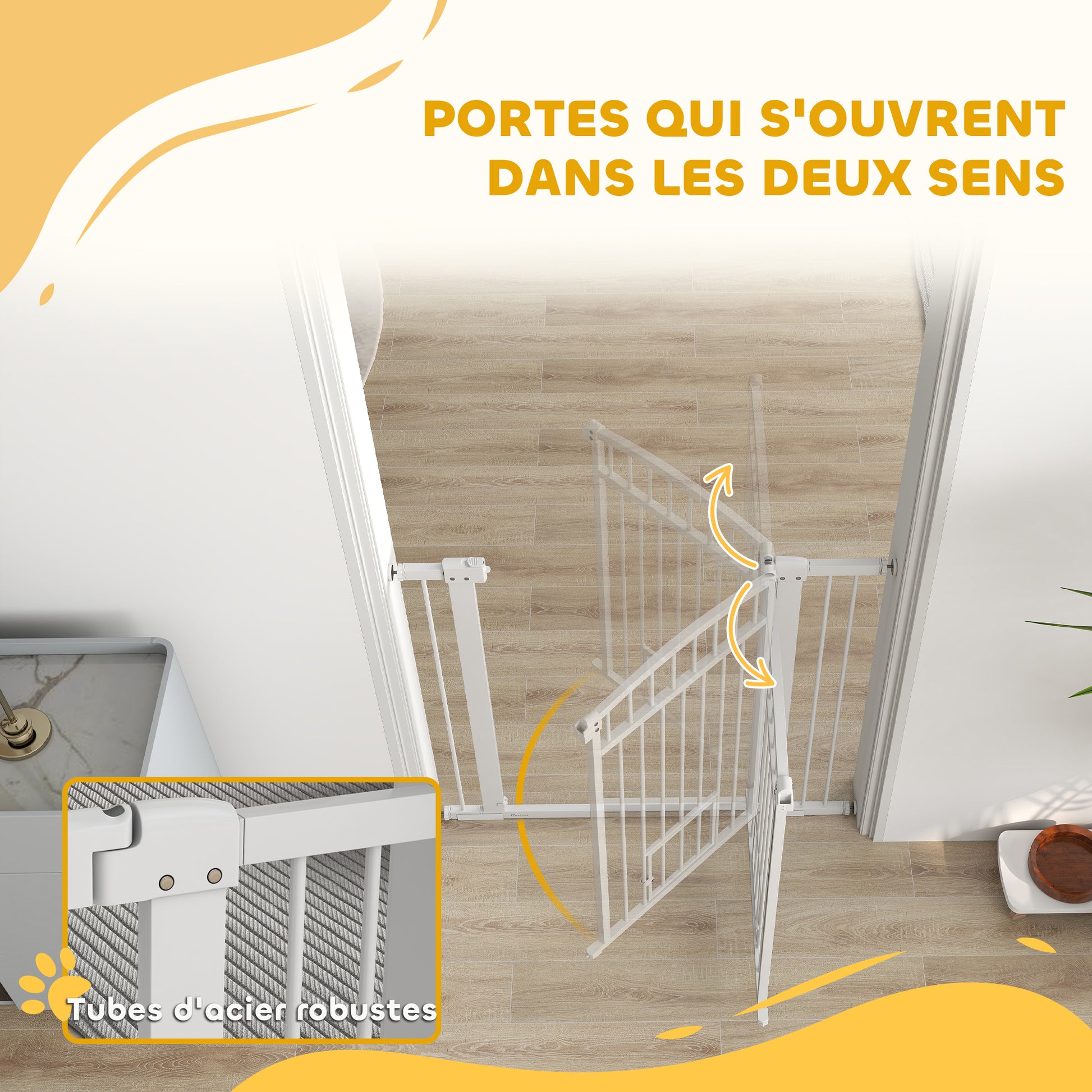 Expandable Dog Safety Barrier 76-104 x 106 cm, stair and door barrier with double locking system, pressure or drilling mounting, dog and cat barrier, white