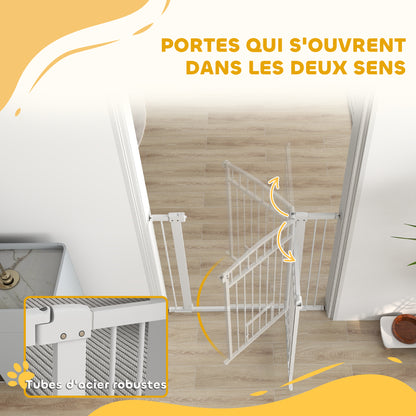 Expandable Dog Safety Barrier 76-104 x 106 cm, stair and door barrier with double locking system, pressure or drilling mounting, dog and cat barrier, white
