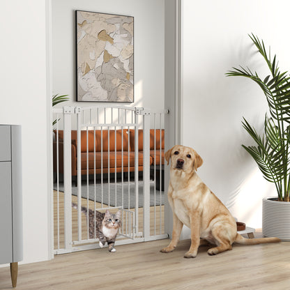 Expandable Dog Safety Barrier 76-104 x 106 cm, stair and door barrier with double locking system, pressure or drilling mounting, dog and cat barrier, white