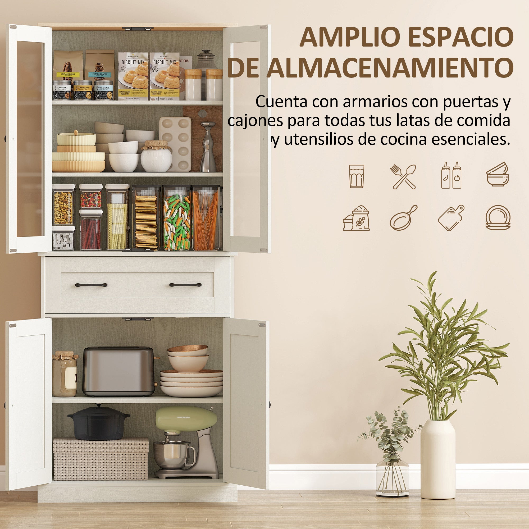 Kitchen Pantry Cabinet, Storage Cupboard with 2 Acrylic Doors, Large Drawer & Adjustable Shelves for Dining Room, 76 x 40 x 182.5 cm (29.9 x 15.7 x 71.9 in), Cream
