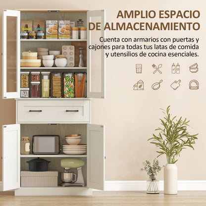 Kitchen Pantry Cabinet, Storage Cupboard with 2 Acrylic Doors, Large Drawer & Adjustable Shelves for Dining Room, 76 x 40 x 182.5 cm (29.9 x 15.7 x 71.9 in), Cream