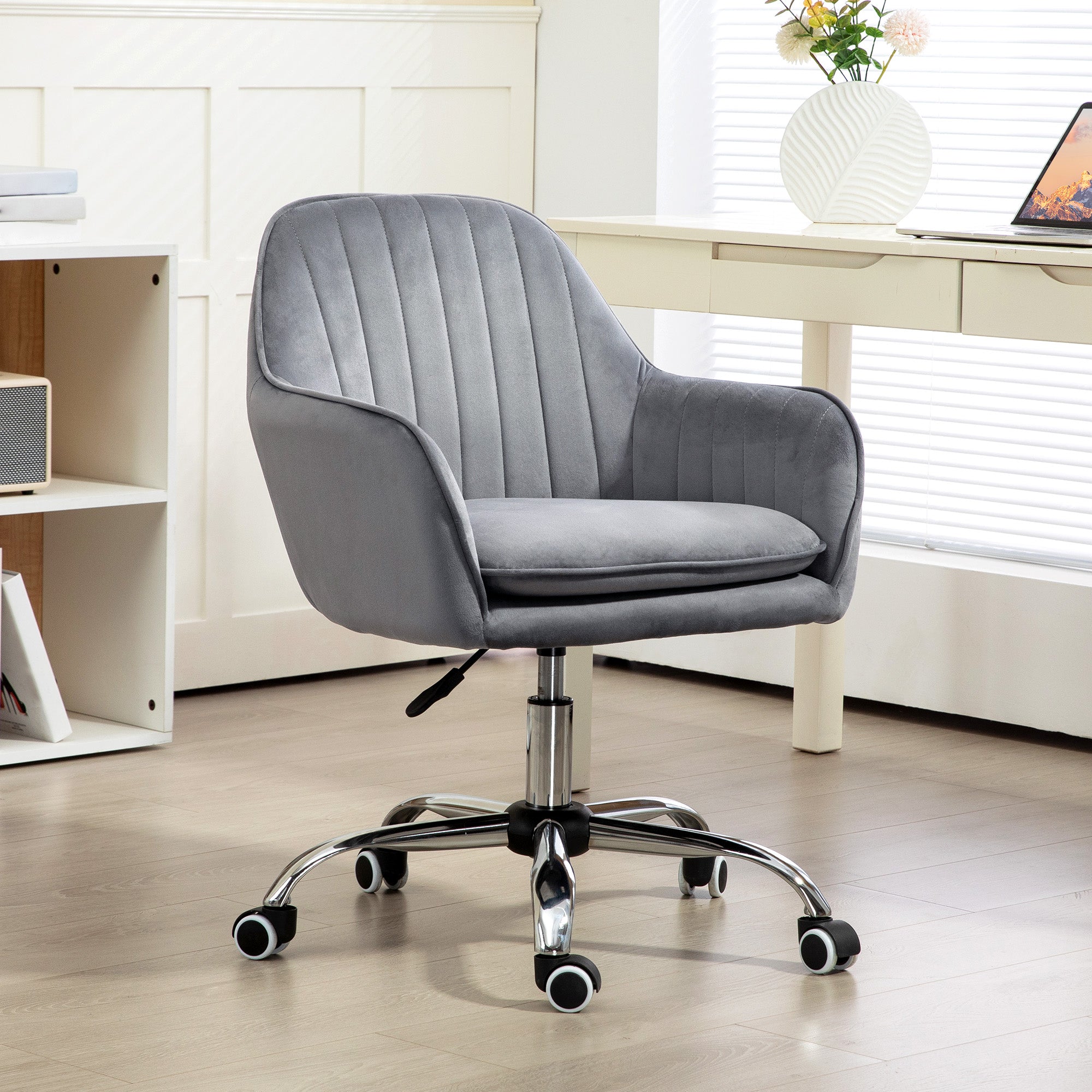 Height Adjustable Desk Chair Swivel Office Chair Home Office Chair with Backrest and Armrest Velvet Look Vanity Chair for Study, Gray