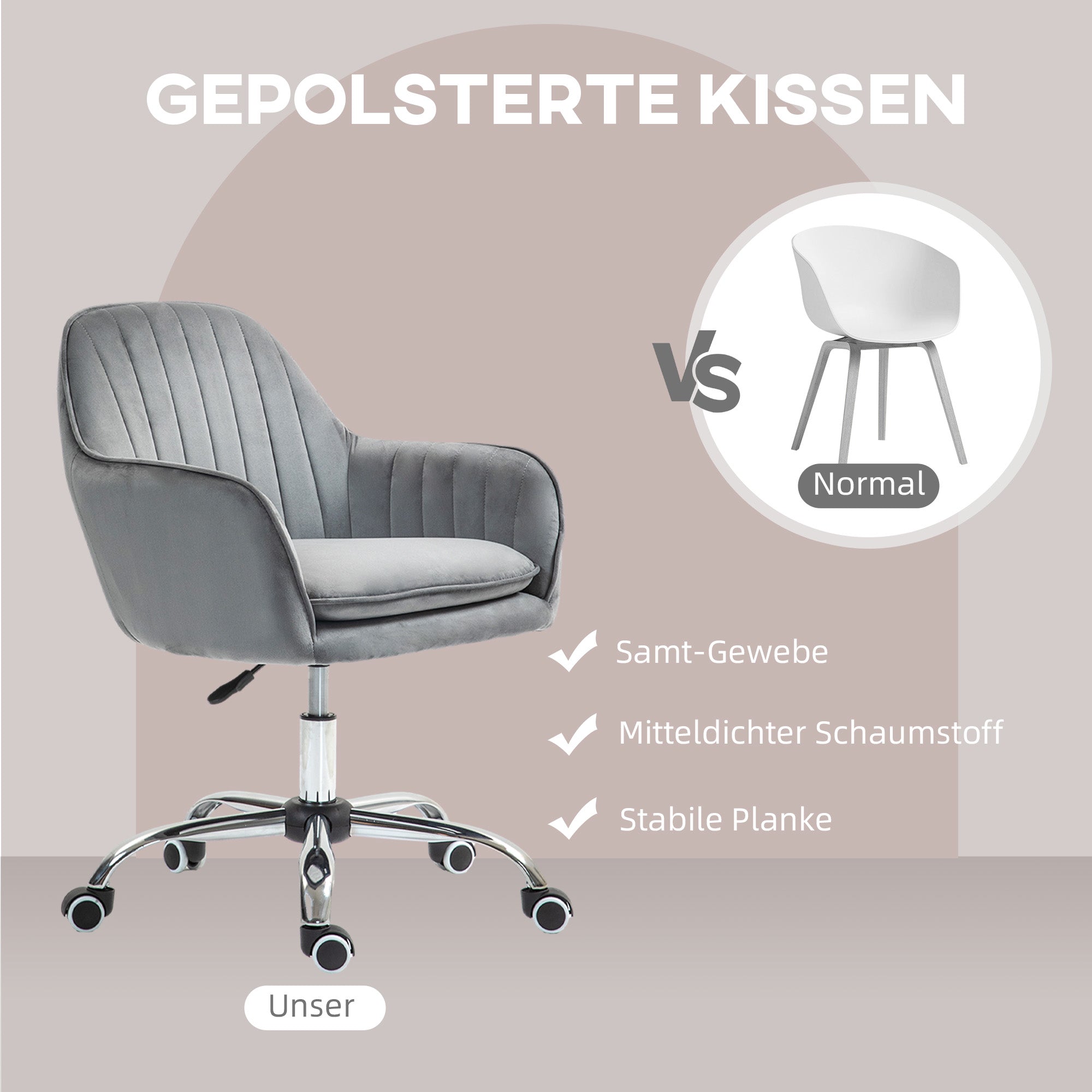 Height Adjustable Desk Chair Swivel Office Chair Home Office Chair with Backrest and Armrest Velvet Look Vanity Chair for Study, Gray