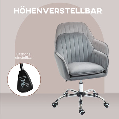 Height Adjustable Desk Chair Swivel Office Chair Home Office Chair with Backrest and Armrest Velvet Look Vanity Chair for Study, Gray