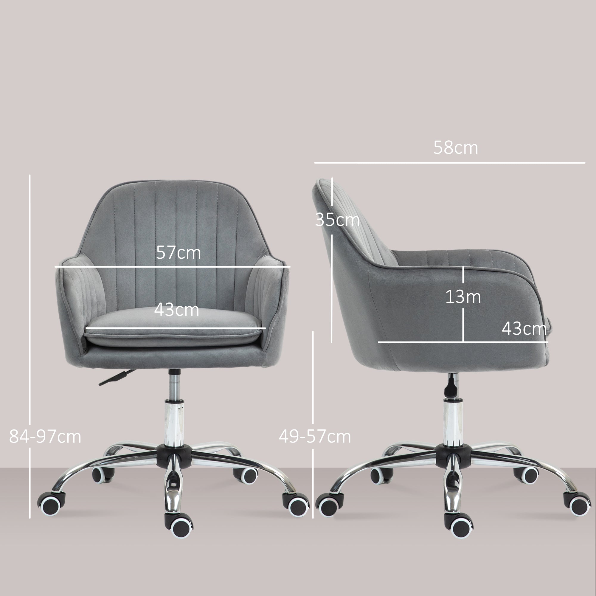 Height Adjustable Desk Chair Swivel Office Chair Home Office Chair with Backrest and Armrest Velvet Look Vanity Chair for Study, Gray