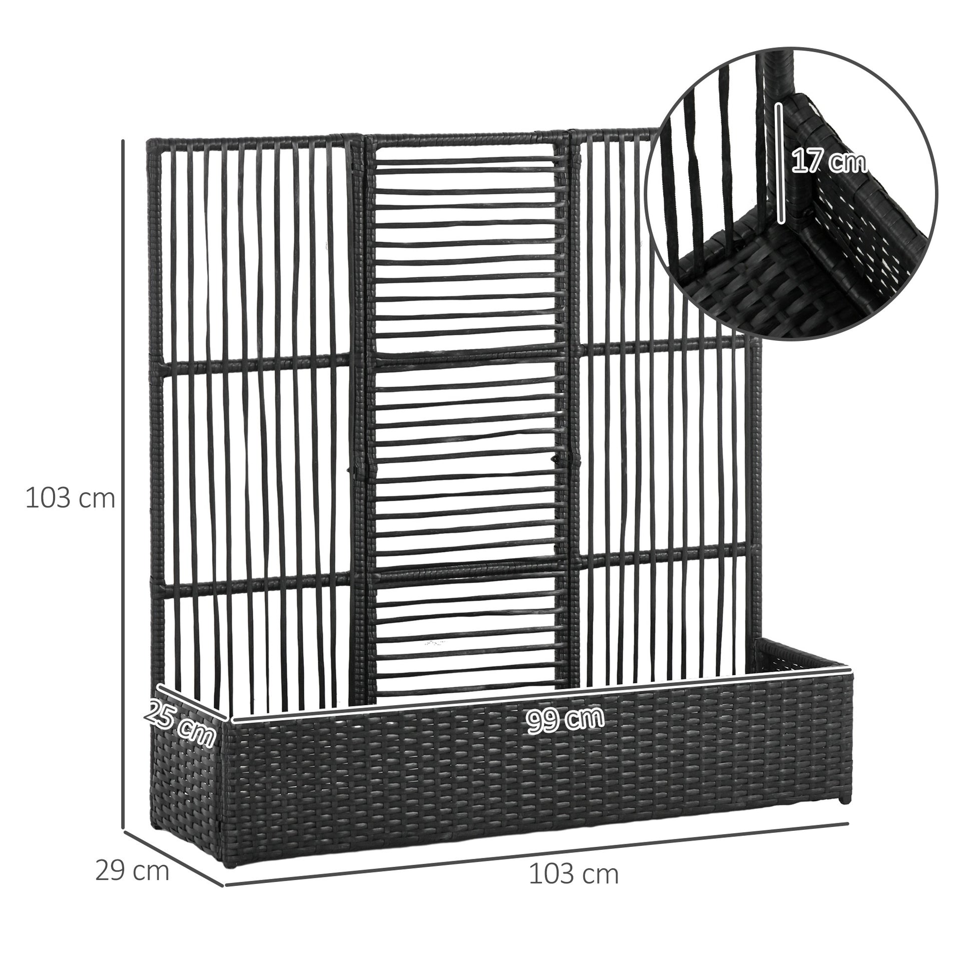 Raised Bed with Trellis in Rattan-Style Planter Box with Trellis for Climbing Plants Flower Box Flower Bed Plant Pot Trellis for Garden, Balcony, 103 x 103 x 29 cm Black