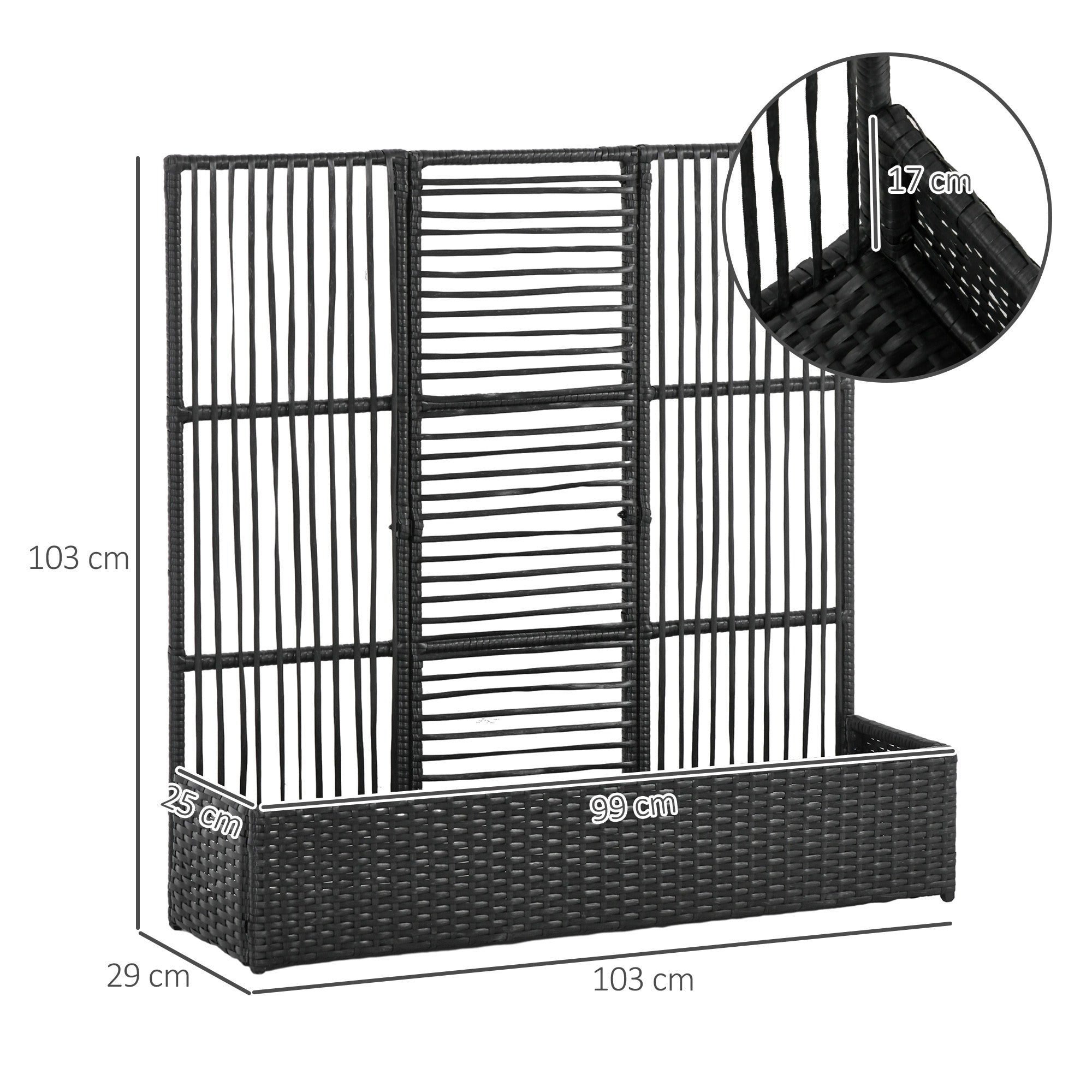 Raised Bed with Trellis in Rattan-Style Planter Box with Trellis for Climbing Plants Flower Box Flower Bed Plant Pot Trellis for Garden, Balcony, 103 x 103 x 29 cm Black