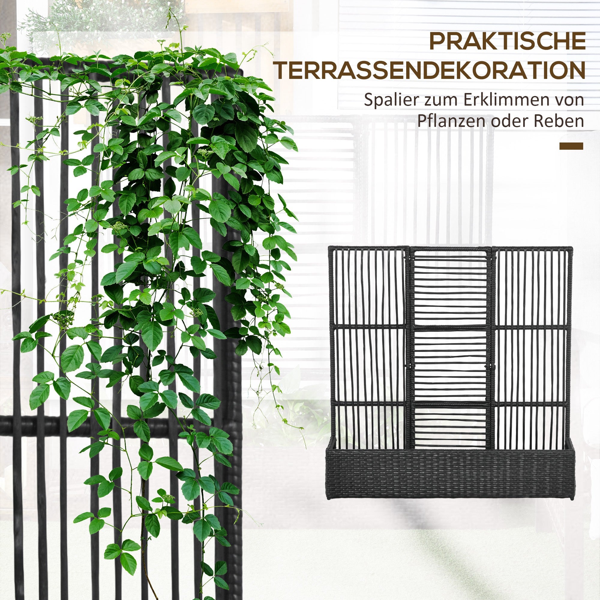 Raised Bed with Trellis in Rattan-Style Planter Box with Trellis for Climbing Plants Flower Box Flower Bed Plant Pot Trellis for Garden, Balcony, 103 x 103 x 29 cm Black