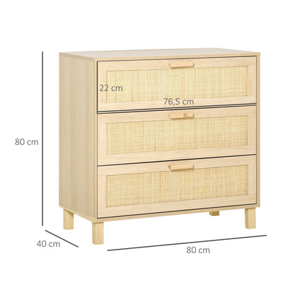 3-Drawer Chest with Rattan Cane Dimensions 80L x 40W x 80H cm E1 Class MDF Light Wood Look