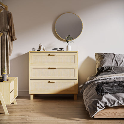 3-Drawer Chest with Rattan Cane Dimensions 80L x 40W x 80H cm E1 Class MDF Light Wood Look