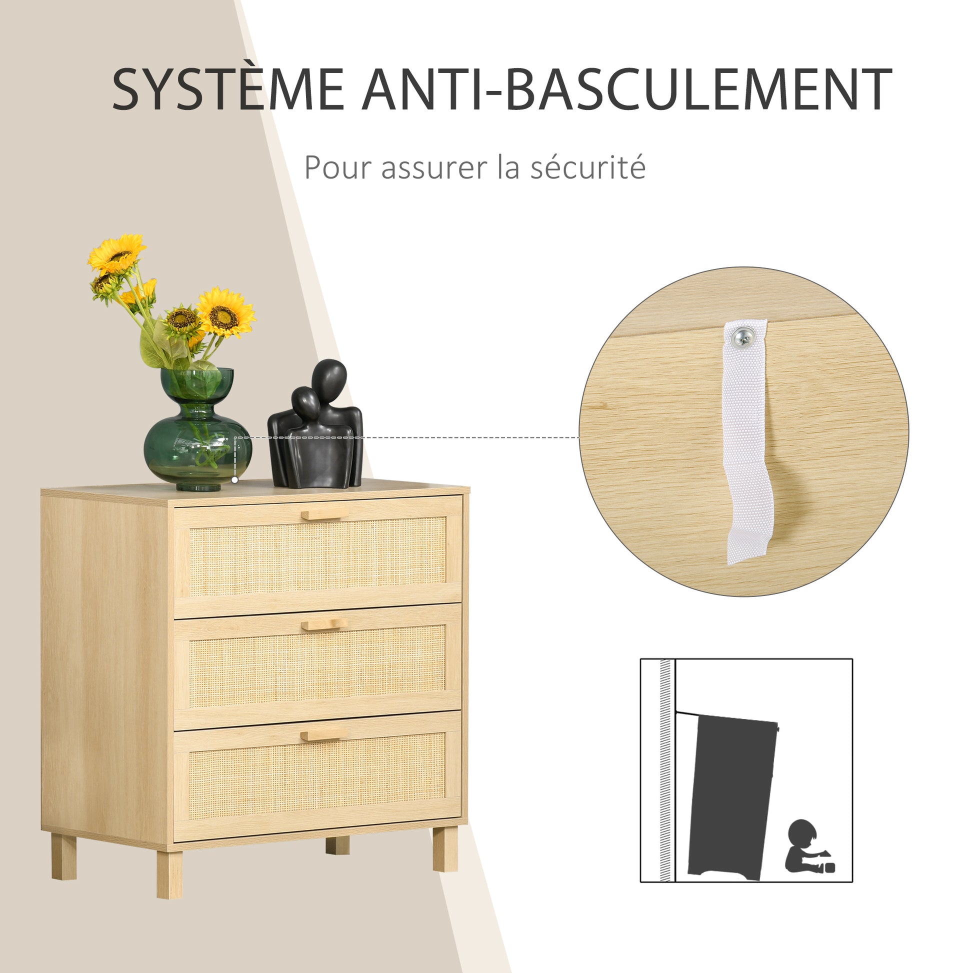 3-Drawer Chest with Rattan Cane Dimensions 80L x 40W x 80H cm E1 Class MDF Light Wood Look