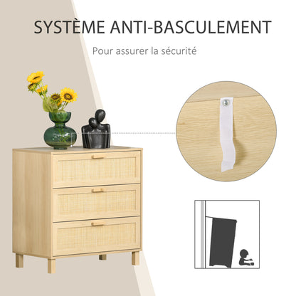 3-Drawer Chest with Rattan Cane Dimensions 80L x 40W x 80H cm E1 Class MDF Light Wood Look