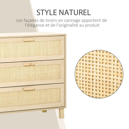 3-Drawer Chest with Rattan Cane Dimensions 80L x 40W x 80H cm E1 Class MDF Light Wood Look