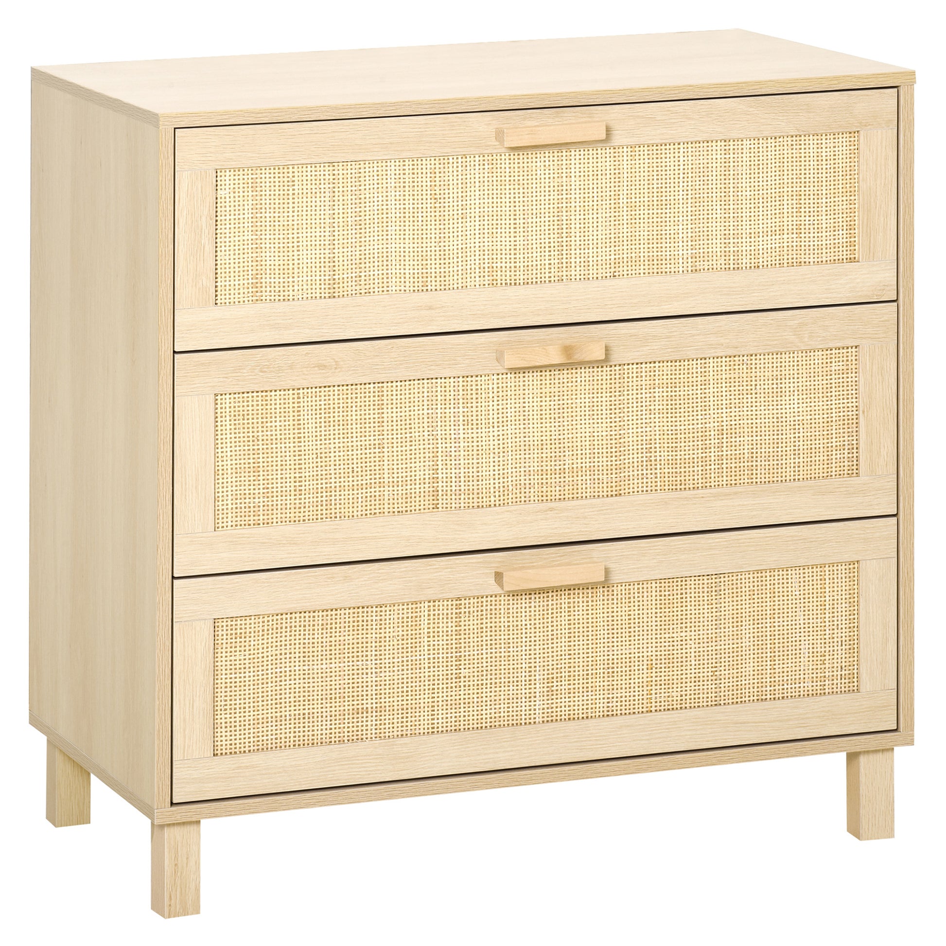 3-Drawer Chest with Rattan Cane Dimensions 80L x 40W x 80H cm E1 Class MDF Light Wood Look