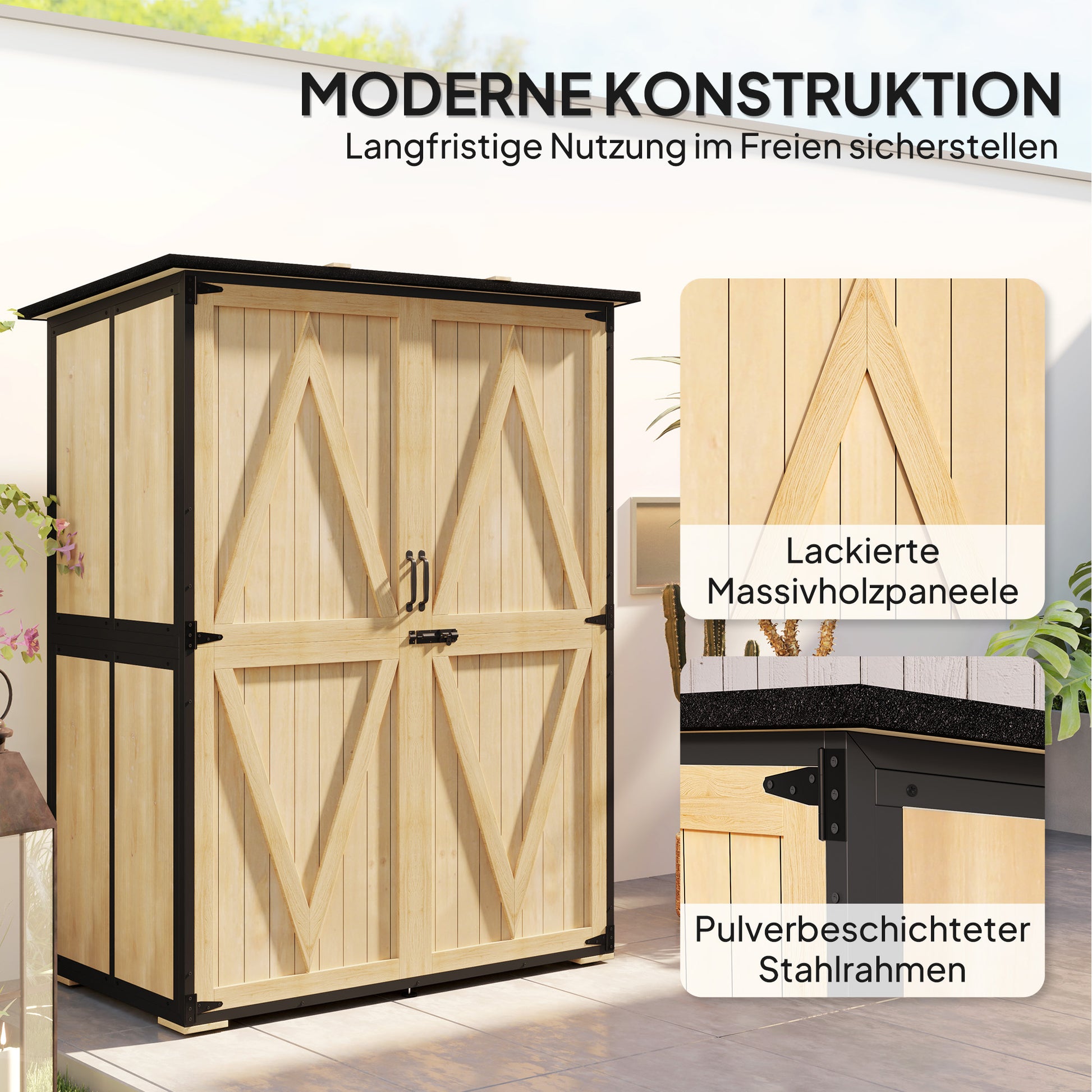 Garden Cabinet, Equipment Shed made of Wood, Weatherproof Equipment Cabinet with 2 Doors, Shelves, Tool House with Asphalt Roof, Tool Cabinet for Garden, Terrace, 140 x 74 x 173 cm, Natural Wood