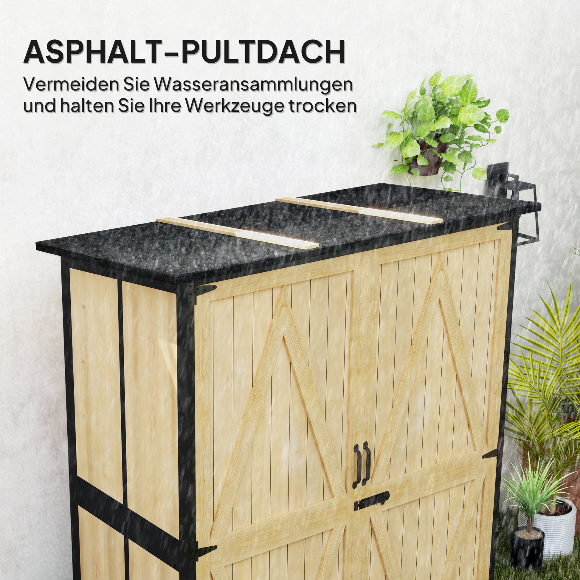 Garden Cabinet, Equipment Shed made of Wood, Weatherproof Equipment Cabinet with 2 Doors, Shelves, Tool House with Asphalt Roof, Tool Cabinet for Garden, Terrace, 140 x 74 x 173 cm, Natural Wood
