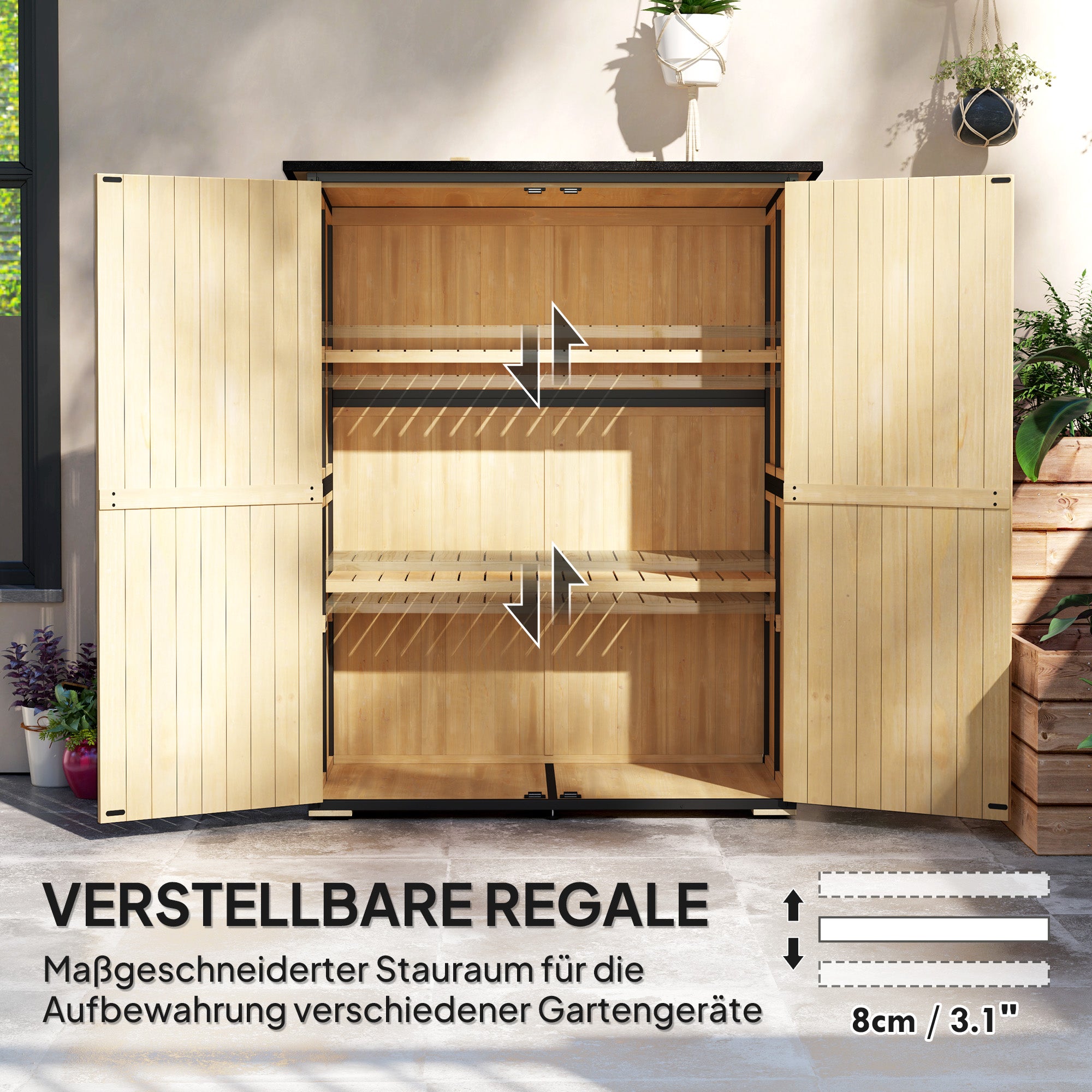 Garden Cabinet, Equipment Shed made of Wood, Weatherproof Equipment Cabinet with 2 Doors, Shelves, Tool House with Asphalt Roof, Tool Cabinet for Garden, Terrace, 140 x 74 x 173 cm, Natural Wood